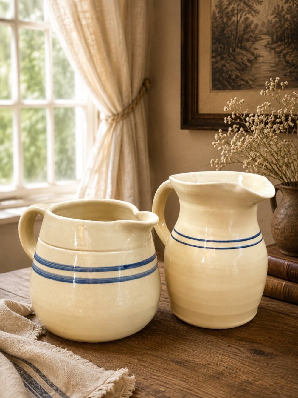 Vintage Heritage Blue Stripe Stoneware Pitcher & Creamer Set